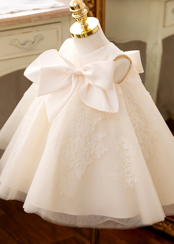 Classy Beige Embroideried Bow Tulle Kids Maxi Dress Summer
