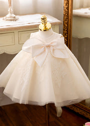 Classy Beige Embroideried Bow Tulle Kids Maxi Dress Summer