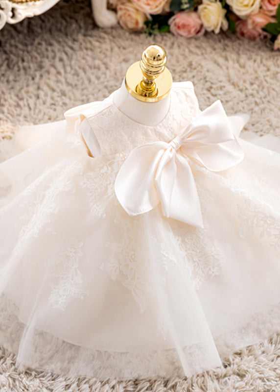 Classy Beige Embroideried Bow Tulle Kids Maxi Dress Summer