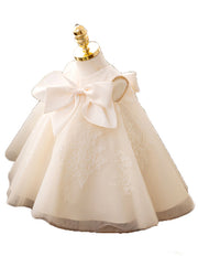 Classy Beige Embroideried Bow Tulle Kids Maxi Dress Summer