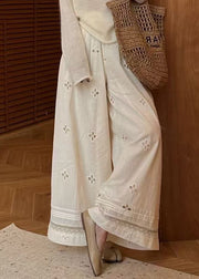 Classy Beige Hollow Out Elastic Waist Cotton Wide Leg Pants Summer