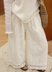 Classy Beige Hollow Out Elastic Waist Cotton Wide Leg Pants Summer