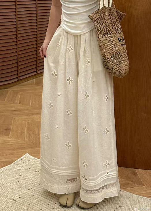 Classy Beige Hollow Out Elastic Waist Cotton Wide Leg Pants Summer
