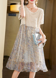 Classy Beige Hollow Out Lace Chiffon Patchwork Dress Summer