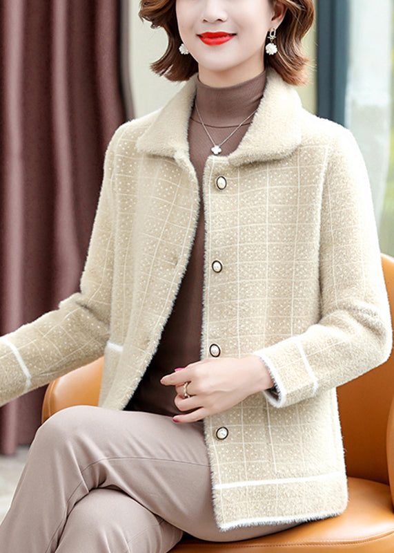 Classy Beige Peter Pan Collar Plaid Button Mink Velvet Coats Fall