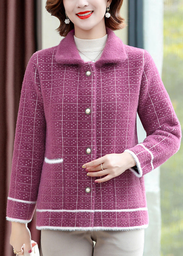 Classy Beige Peter Pan Collar Plaid Button Mink Velvet Coats Fall