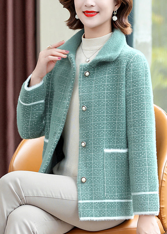Classy Beige Peter Pan Collar Plaid Button Mink Velvet Coats Fall