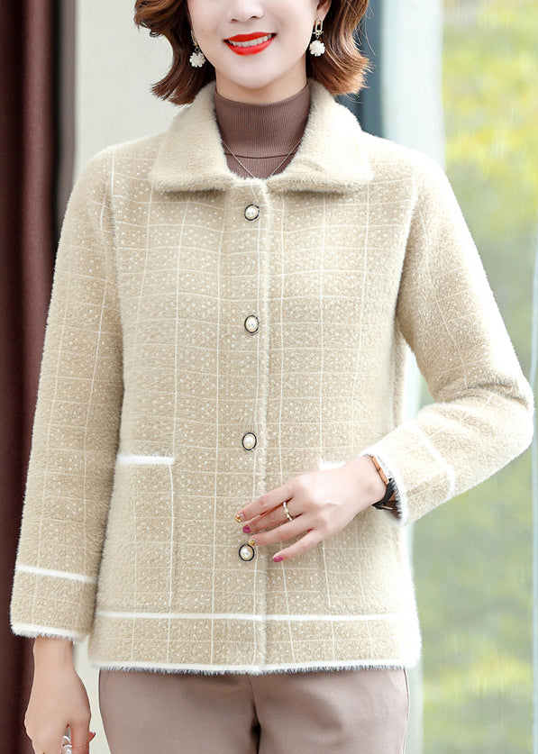 Classy Beige Peter Pan Collar Plaid Button Mink Velvet Coats Fall