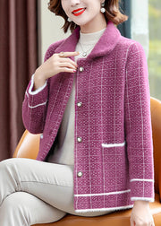 Classy Beige Peter Pan Collar Plaid Button Mink Velvet Coats Fall