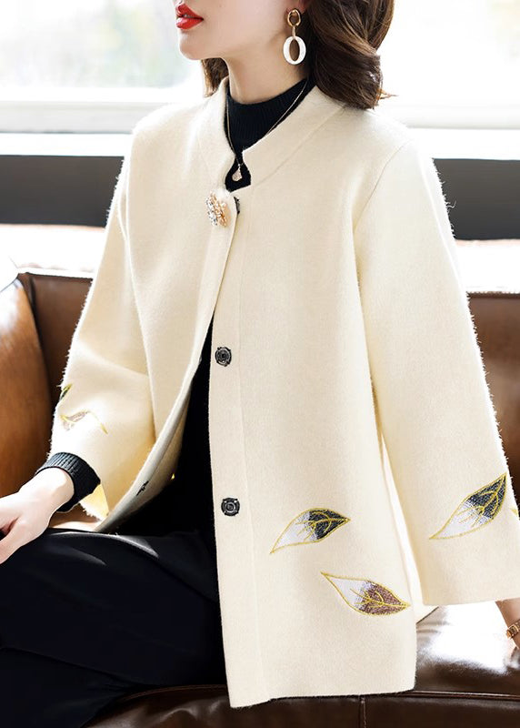 Classy Beige Stand Collar Patchwork Embroidered Woolen Coat Fall