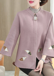 Classy Beige Stand Collar Patchwork Embroidered Woolen Coat Fall