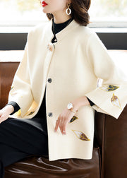 Classy Beige Stand Collar Patchwork Embroidered Woolen Coat Fall