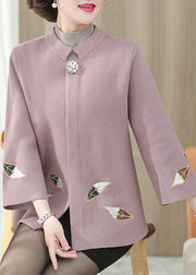Classy Beige Stand Collar Patchwork Embroidered Woolen Coat Fall