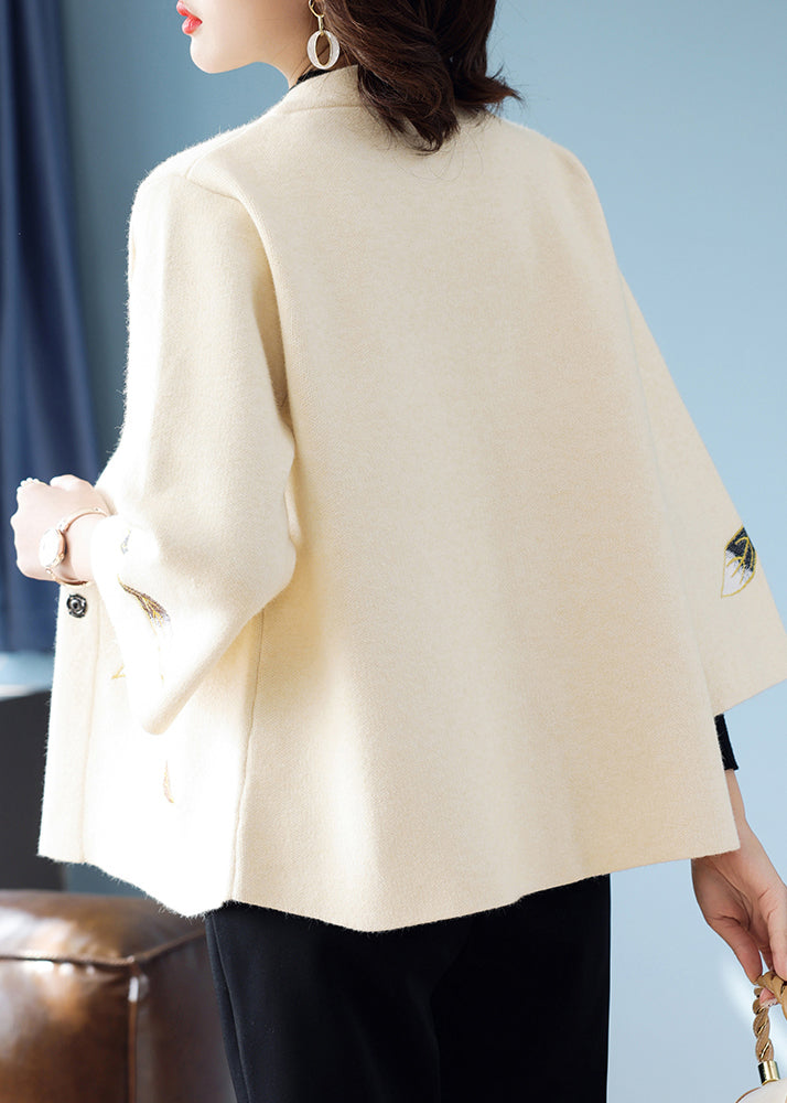 Classy Beige Stand Collar Patchwork Embroidered Woolen Coat Fall