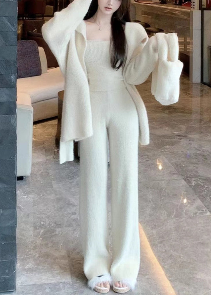 Classy Beige Tie Waist Coat Tank And Pants Knit Three Pieces Set Winter