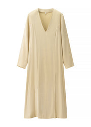 Classy Beige V Neck Side Open Silk Long Dress Spring