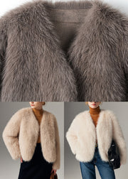 Classy Beige V Neck Warm Leather And Fur Coat Winter
