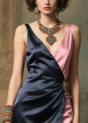 Classy Black Asymmetrical Patchwork Silk Cami Dresses Summer