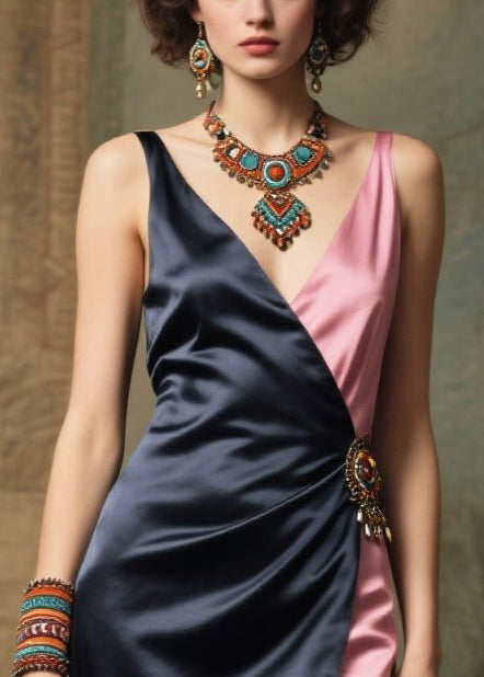 Classy Black Asymmetrical Patchwork Silk Cami Dresses Summer