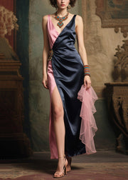 Classy Black Asymmetrical Patchwork Silk Cami Dresses Summer