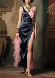 Classy Black Asymmetrical Patchwork Silk Cami Dresses Summer