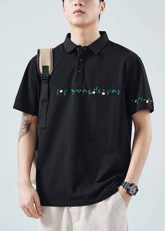 Classy Black Button Print Solid Cotton Men Polo Shirt Summer