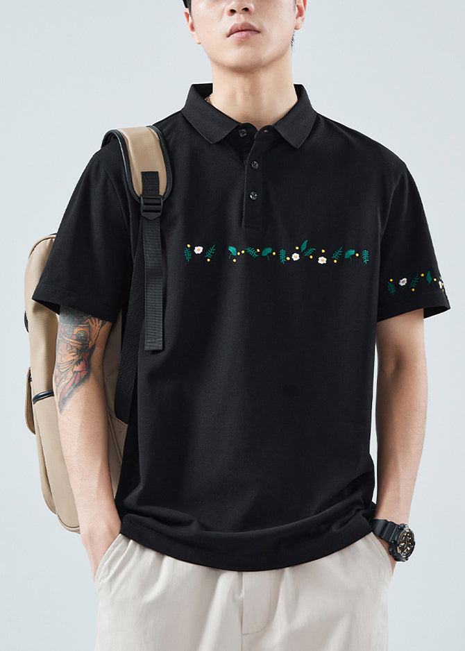 Classy Black Button Print Solid Cotton Men Polo Shirt Summer