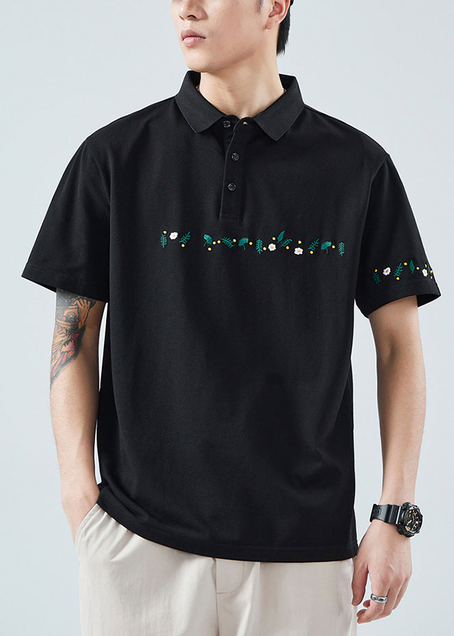 Classy Black Button Print Solid Cotton Men Polo Shirt Summer