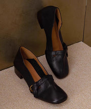 Classy Black Chunky Shoes Cowhide Leather Comfy Splicing