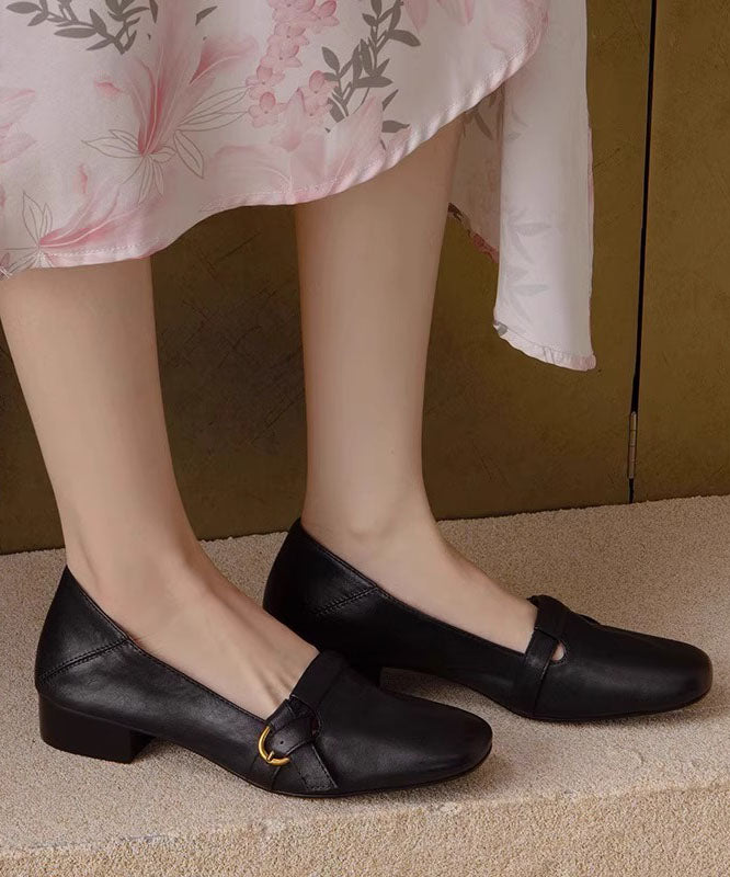 Classy Black Chunky Shoes Cowhide Leather Comfy Splicing