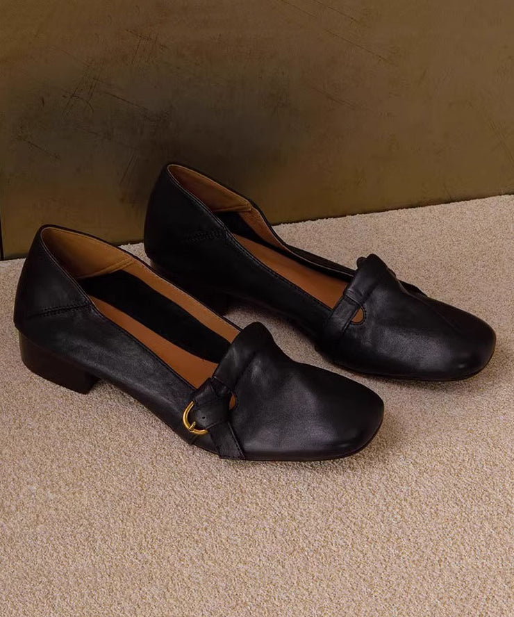 Classy Black Chunky Shoes Cowhide Leather Comfy Splicing