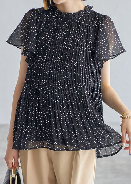 Classy Black Dot Wrinkled Chiffon Shirts Summer