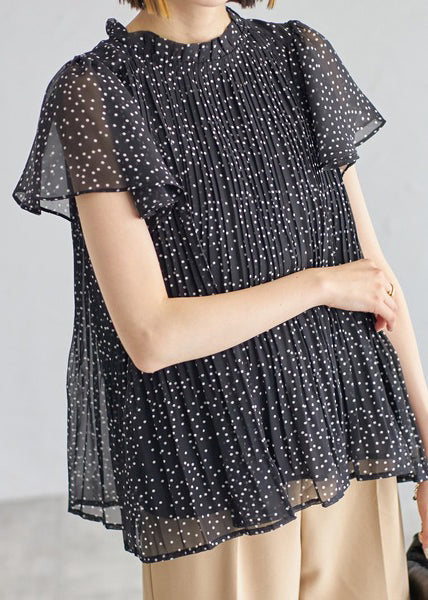 Classy Black Dot Wrinkled Chiffon Shirts Summer