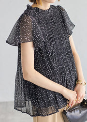 Classy Black Dot Wrinkled Chiffon Shirts Summer