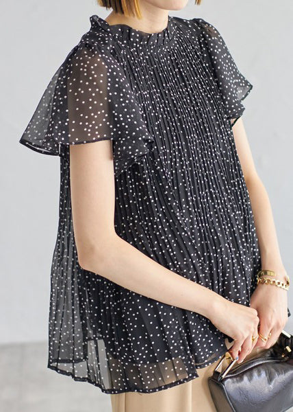 Classy Black Dot Wrinkled Chiffon Shirts Summer