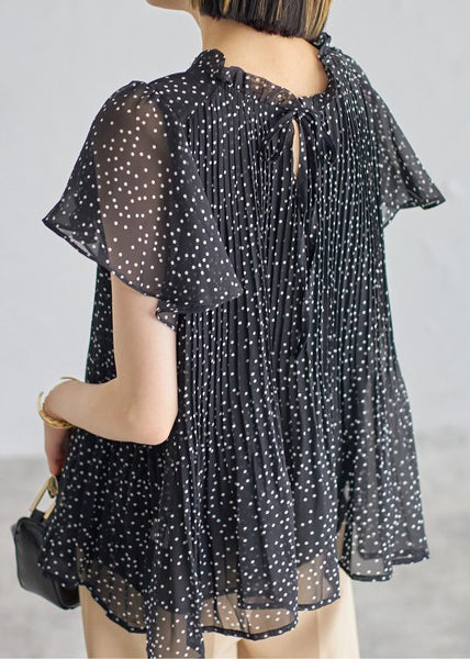 Classy Black Dot Wrinkled Chiffon Shirts Summer