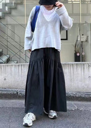 Classy Black Elastic Waist Patchwork Cotton Skirt Fall