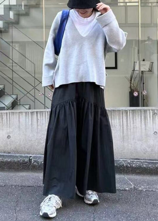 Classy Black Elastic Waist Patchwork Cotton Skirt Fall