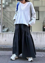 Classy Black Elastic Waist Patchwork Cotton Skirt Fall