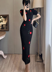 Classy Black Embroidered Floral Wraped Dresses Summer