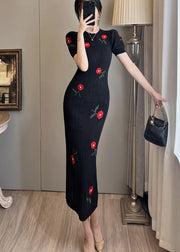 Classy Black Embroidered Floral Wraped Dresses Summer