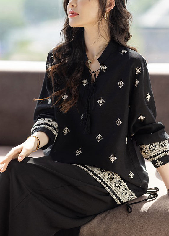 Classy Black Embroidered Tie Neck Cotton Top Fall