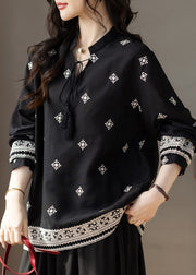 Classy Black Embroidered Tie Neck Cotton Top Fall