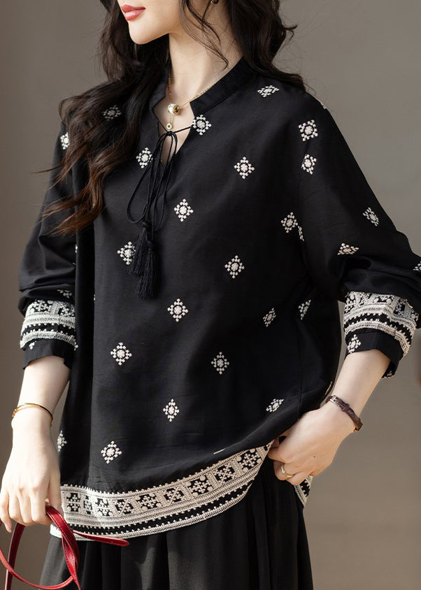 Classy Black Embroidered Tie Neck Cotton Top Fall