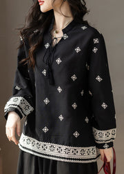 Classy Black Embroidered Tie Neck Cotton Top Fall