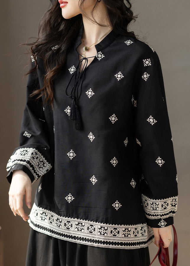 Classy Black Embroidered Tie Neck Cotton Top Fall
