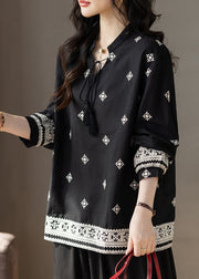 Classy Black Embroidered Tie Neck Cotton Top Fall