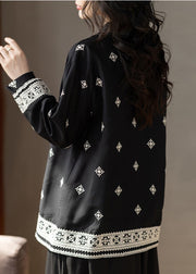 Classy Black Embroidered Tie Neck Cotton Top Fall