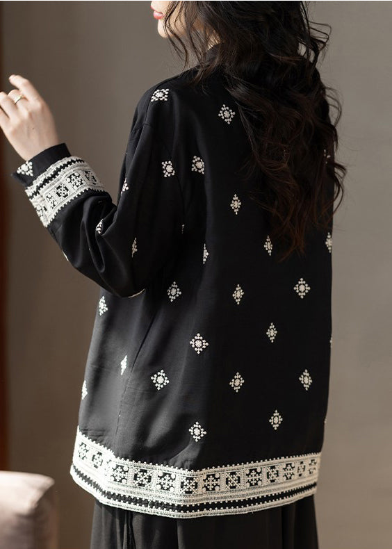 Classy Black Embroidered Tie Neck Cotton Top Fall