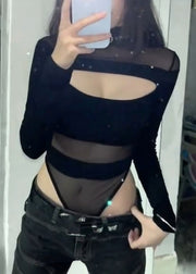 Classy Black Hollow Out Solid Tulle Bodysuit